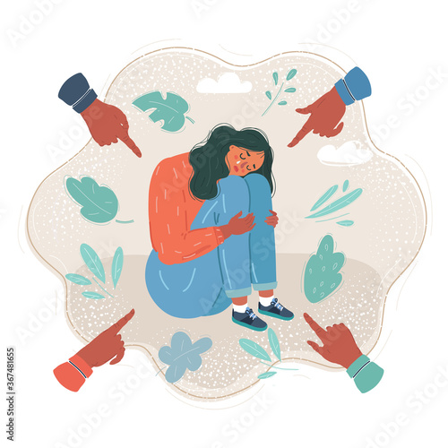 Vector illustration of teenage shame girl and people around point to him whith their finger.