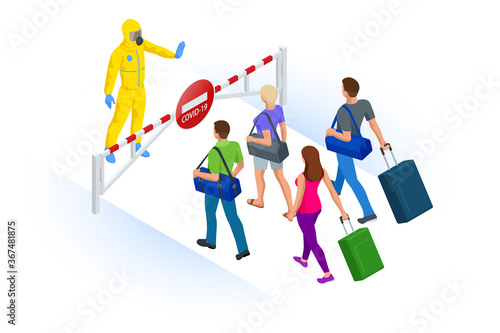 Isometric Tourism industry crisis. Flight ban, closed borders for tourists and travelers with coronavirus. Ban on travel to summer vacation due to risk of virus