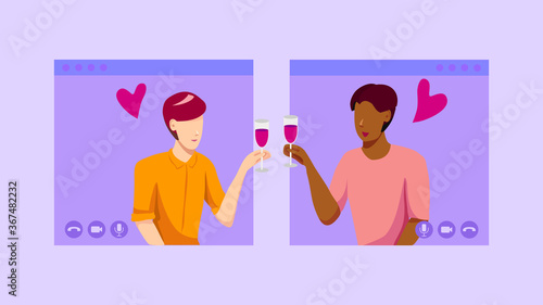 Online date and video date concept, gay men couple in video call. Modern dating with chat application or online platform. Social distance, isolation and LGBT concept vector illustration flat design