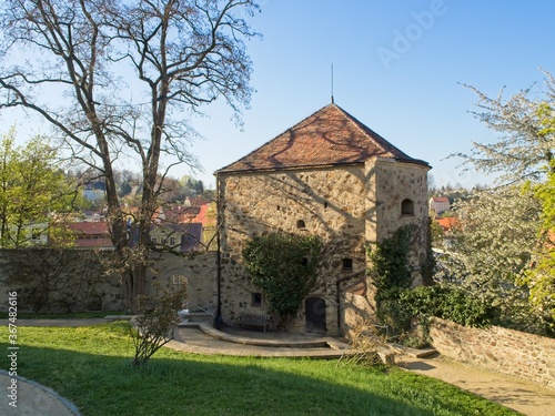 View on the old city walls in Ochsenzwinger park in Goerlitz, Germany. Cloudless blue sky in the evening hours.