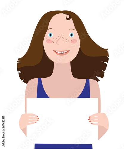 Girl with long brown hair smiles and holds a sheet of paper