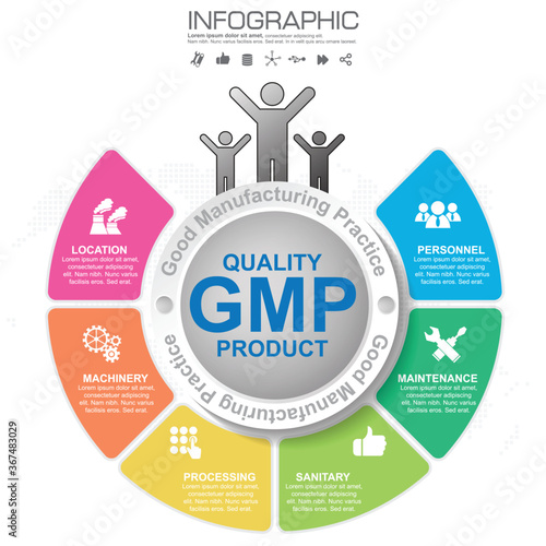 GMP-Good Manufacturing Practice, 6 heading of infographic template with sample text.
