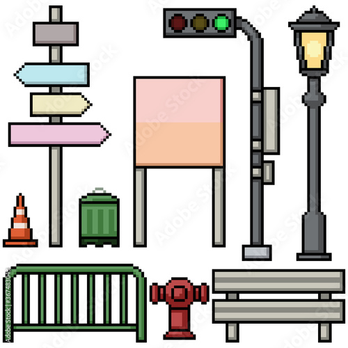 pixel art set isolated street items prop