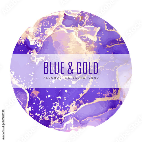 Round poster, wet ink background, blue, gold 