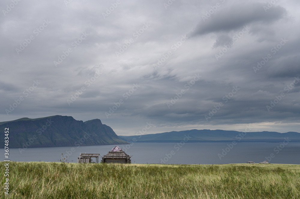 Hut, on the banks of the Yenisei River in the Oglakhty reserve, Republic of Khakassia, Russia