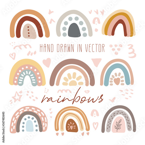 Vector set of adorable rainbows clipart in trendy Scandinavian style. Funny, cute, hygge illustration for poster, textile, decoration kids playroom or greeting card. Hand drawn prints and doodle.