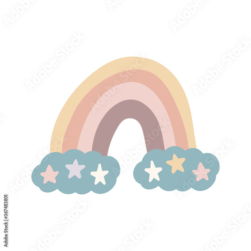Vector adorable rainbow clipart in trendy Scandinavian style. Funny, cute, hygge illustration for poster, textile, decoration kids playroom or greeting card. Hand drawn print.
