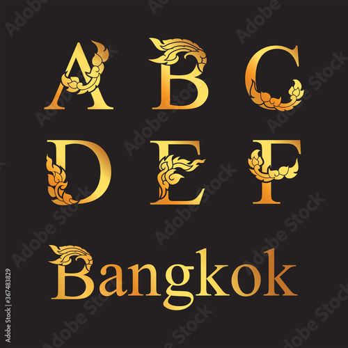Golden elegant letter A, B, C, D, E, F with Thai art elements. Vector
