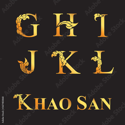 Golden elegant letter G, H, I, J, K, L with Thai art elements. Vector