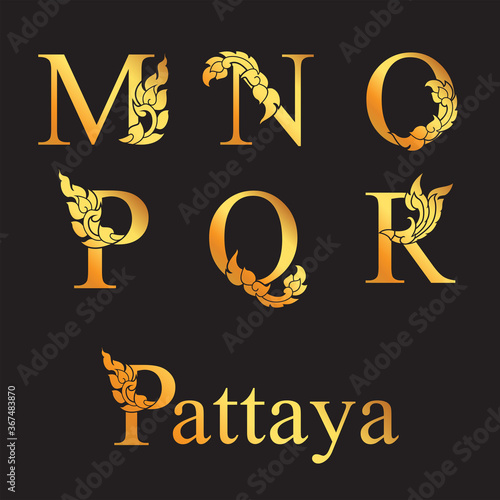 Golden elegant letter M, N, O, P, Q, R with Thai art elements. Vector