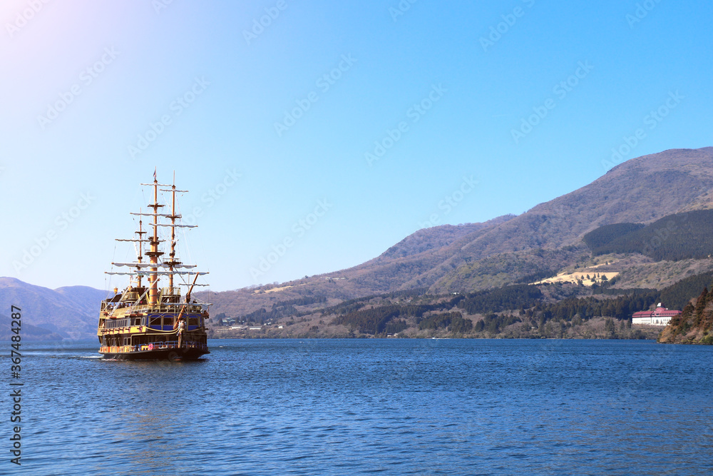 Sightseeing ship at volcanic lake Ashi, Japan Sightseeing ship at volcanic lake Ashi, Japan