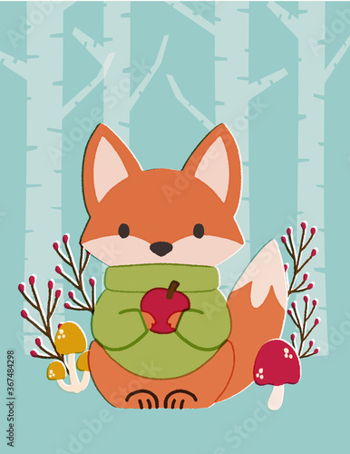 Cute and whimsical fox in woodland illustration, wearing sweater, holding apple. For greeting card, postcard, poster, wall decor, nursery. photo