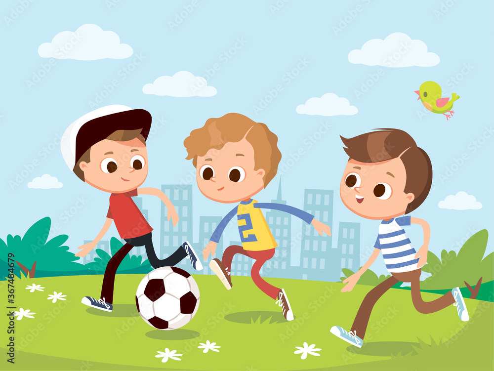 Boys play football soccer on outskirts. Forward attacker with ball passes defender. Vector illustration with kids and summer landscape. Boys play football soccer on outskirts. Forward attacker with ball passes defender. Vector illustration with kids and summer landscape.