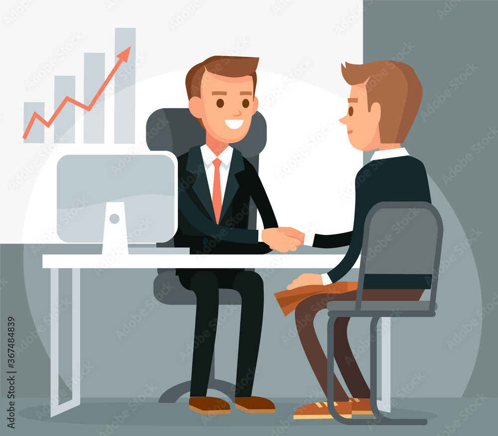 Office indoor space interior with manager speaking with new client. Business negotiations, talks with investor client broker. Employee reports to the boss on business meeting with partner Office indoor space interior with manager speaking with new client. Business negotiations, talks with investor client broker. Employee reports to the boss on business meeting with partner