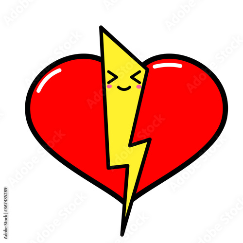 Kawai Heart, lightning. Sign, symbol, web element. Social media icon. Business concept. Tattoo template. Line art. Website pictogram.