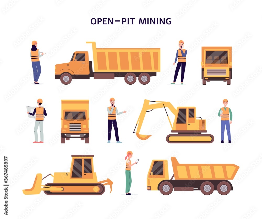 Open pit mining set of construction equipment flat vector illustration isolated. - obrazy, fototapety, plakaty 
