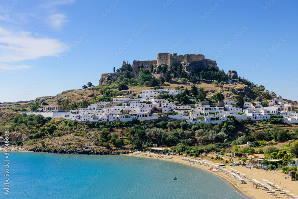 Lindos with the castle above on the Greek Island of Rhodes, Greece