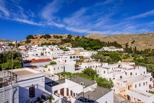View of the picturesque village of Lindos with its traditional white houses, Rhodes island, Dodecanese, Greece.