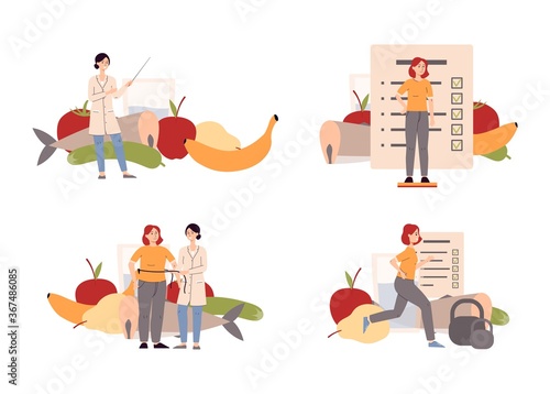Nutritionist and dietitian set - cartoon woman creating food plan for client