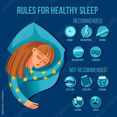 Cartoon Color Character Person Female and Healthy Sleep Tips Concept Banner Poster Card. Vector