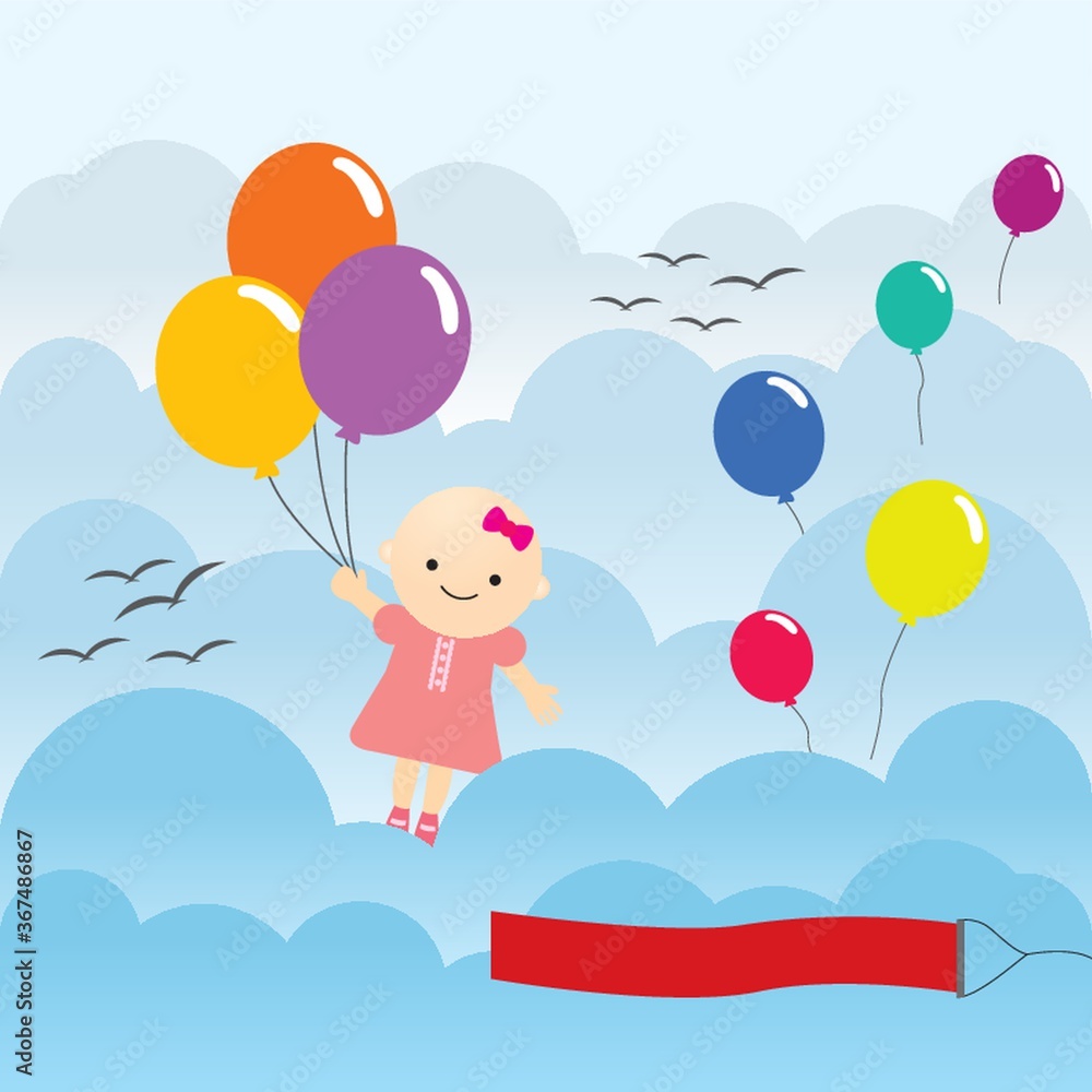 baby girl floating with a string of balloons