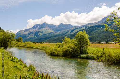 Sils, Segl, Sils-Maria, Inn, Fluss, Oberengadin, Surlej, Corvatsch, Furtschellas, Wanderweg, Seenplatte, Graubünden, Alpen, Sommer, Schweiz photo