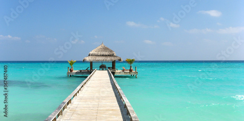 Maledives, tropical Island for a nice holiday or honeymoon. Beautiful white sandy beach with blue lagoon. Kuramathi island resort. ari atol. 