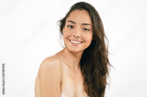 Beautiful happe woman skin care teeth smile healthy