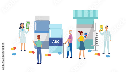 Medical drugstore and pharmacy concept with pills, people and bottles.