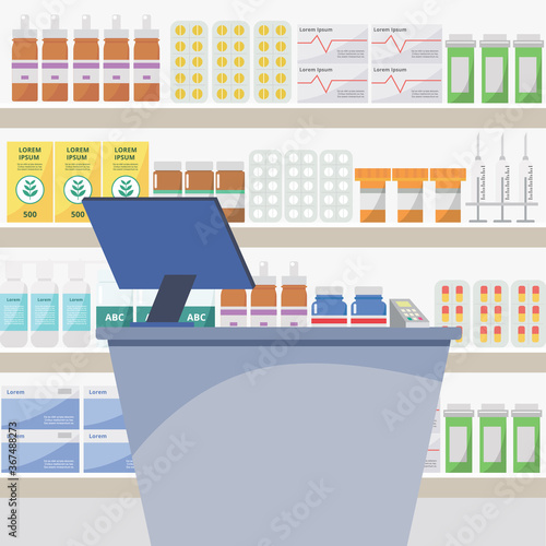 Pharmacy and drugstore counter with table and computer, shelves with medicines, tablets and pills.