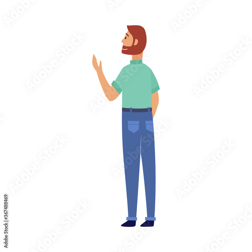 The character of a man with a red beard in a tshirt and jeans stands with his back.
