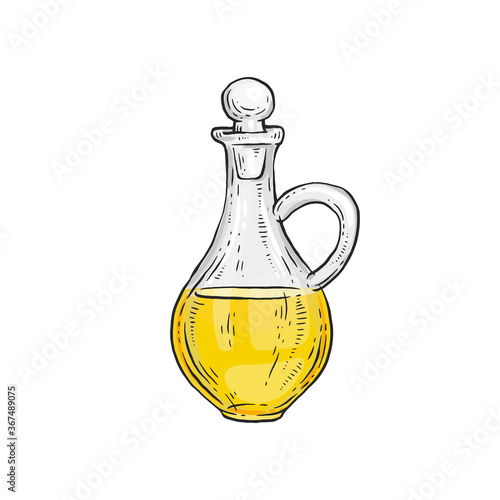 Hand drawn bottle of olive oil, organic food concept.