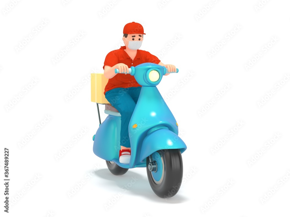 Cartoon 3d delivery man in protection mask, gloves