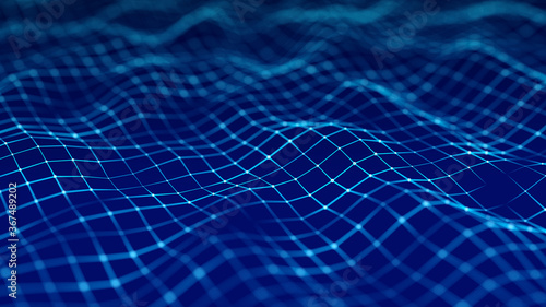 Digital dynamic wave. Abstract futuristic blue background with dots and lines. Big data visualization. 3D rendering.