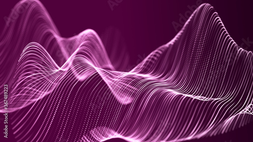 Digital pink wave background of particles. Abstract futuristic dynamic background. Big data visualization. 3D rendering