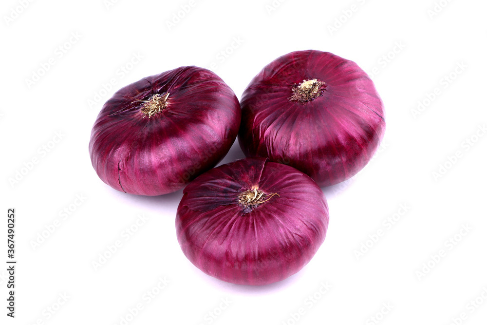 Red onion bulbs isolated on a white background. Healthy food. Lilac onion. Purple onion. Raw organic onion