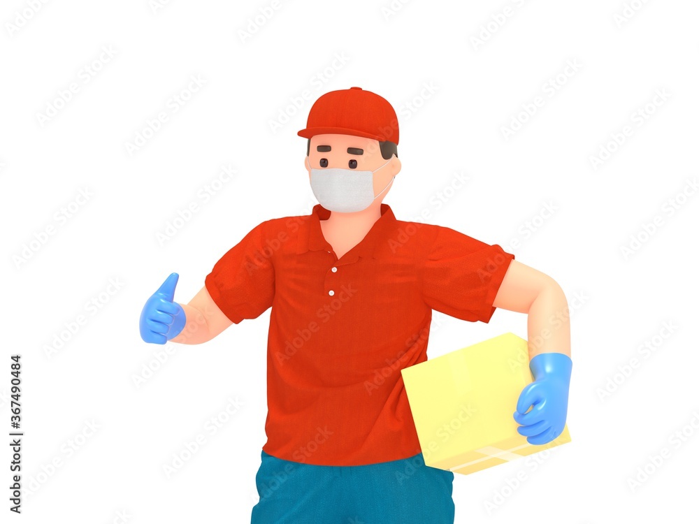 3d cartoon delivery man in mask with parcel box 3d cartoon delivery man in mask with parcel box