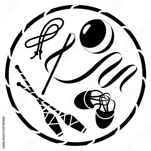 Items for rhythmic gymnastics. Vector set, isolated. Black on a white background.