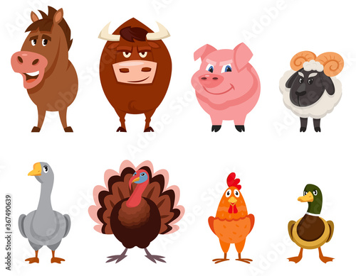 Set of farm animals front view. Male characters in cartoon style.