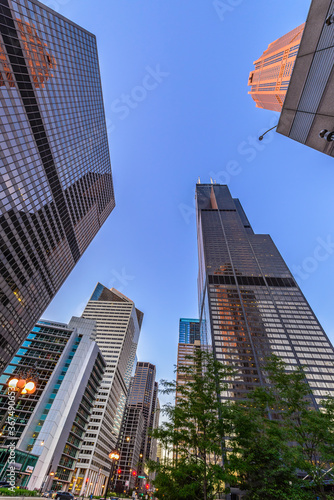 Skyscraper in Chicago ill in summer time with blue sky