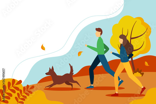 Man and woman running with the dog in the Park in autumn. Cute vector illustration in flat style.