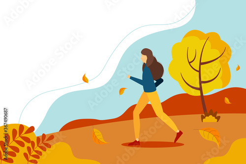 Concept illustration for a healthy lifestyle, sports, and Jogging. Woman running through the park in autumn. Cute vector illustration in flat style. 