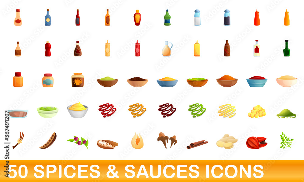 50 spices and sauces icons set. Cartoon illustration of 50 spices and sauces icons vector set isolated on white background