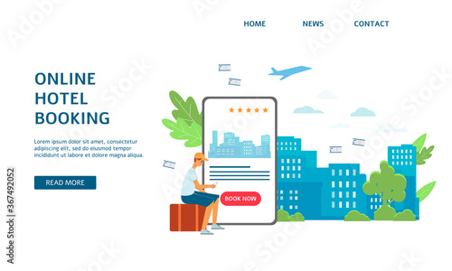Landing page or a banner with the application for booking and reservation of hotels online.
