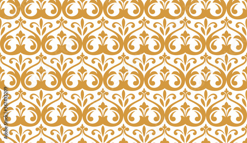 Wallpaper in the style of Baroque. Seamless vector background. White and gold floral ornament. Graphic pattern for fabric, wallpaper, packaging. Ornate Damask flower ornament