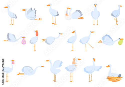 Stork icons set. Cartoon set of stork vector icons for web design