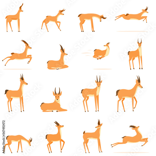 Gazelle icons set. Cartoon set of gazelle vector icons for web design