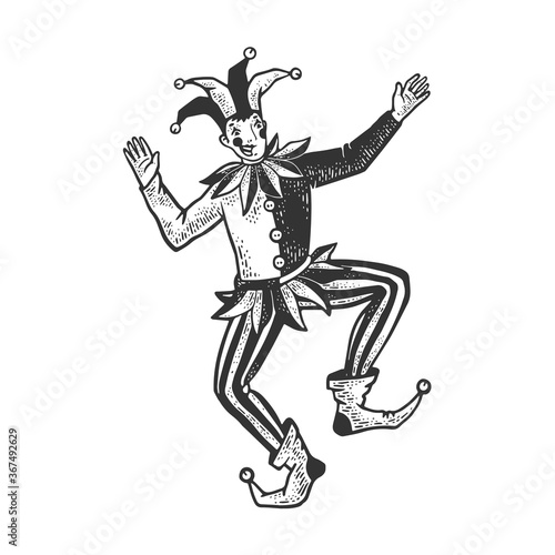 jester circus sketch engraving vector illustration. T-shirt apparel print design. Scratch board imitation. Black and white hand drawn image.