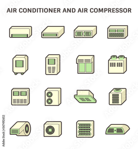 Air conditioner and air compressor part of hvac system vector icon set design.