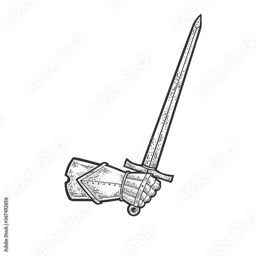 sword in the hand of a knight sketch engraving vector illustration. T-shirt apparel print design. Scratch board imitation. Black and white hand drawn image.